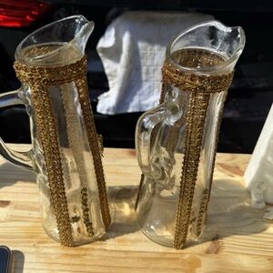 Antique Ornate Glass Pitcher with Etched Brass Floral Patterns